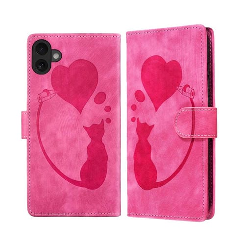 Funda de piel con relieve de gato y corazón para iPhone 17 (rosa)