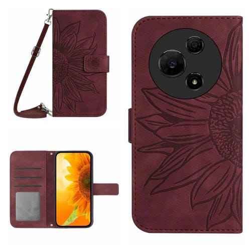 Funda de piel con tapa y cordón para TCL 60 SE / 605, con diseño de girasoles en relieve (rojo vino)
