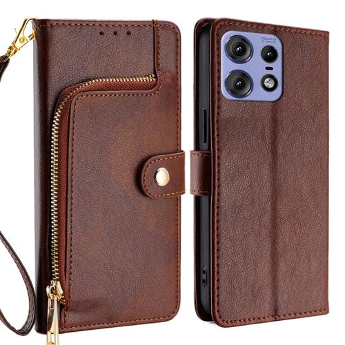 Funda de Cuero con Cremallera para Motorola Edge 50 Pro 5G (Marrón)