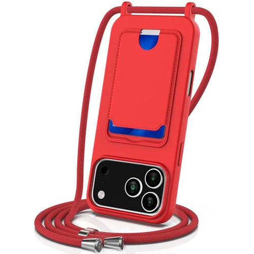 Funda de silicona líquida de color sólido con cordón para iPhone 17 Pro Max, con tarjetero integrado (rojo)
