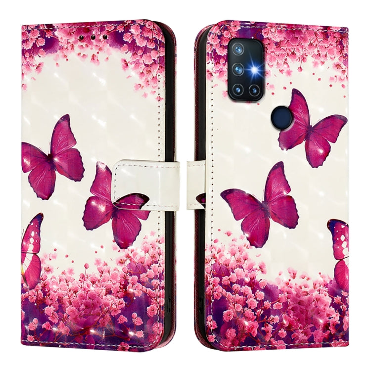 Funda de Cuero con Tapa Horizontal y Pintura 3D para OnePlus Nord N10 5G (Mariposa Rosa)