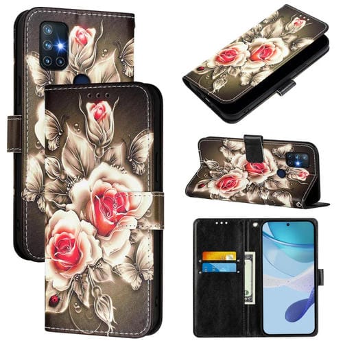 Funda de Cuero para OnePlus Nord N10 5G con Patrón de Dibujo de Colores (Rosas Sobre Negro)