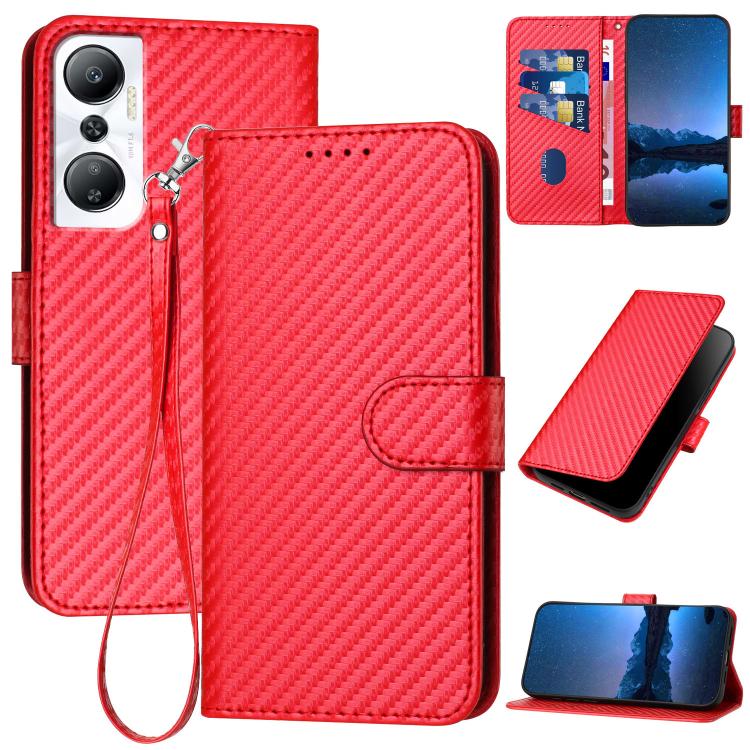 Funda de Cuero con Hebilla de Fibra de Carbono para Infinix Hot 20 4G Yx0070 con Cordón (Rojo)