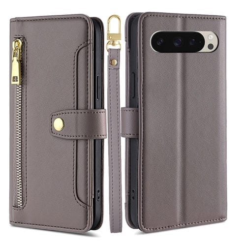 Funda de Cuero Tipo Billetera con Cremallera y Diseño Cruzado Textura de Oveja para Google Pixel 9 (Gris)