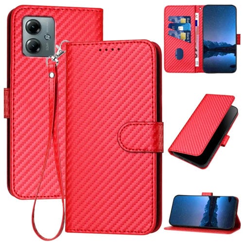Funda de Cuero con Hebilla de Fibra de Carbono para Motorola Moto G Play 2025 y G Power 2025 con Cordón (Rojo)