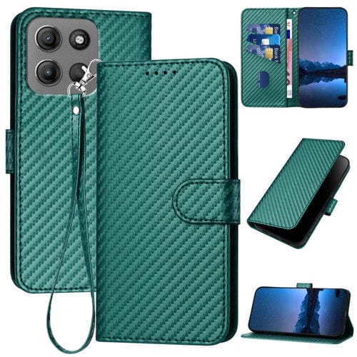 Funda de Cuero con Hebilla de Fibra de Carbono para Motorola Moto G15 Yx0070 con Cordón (Verde Oscuro)