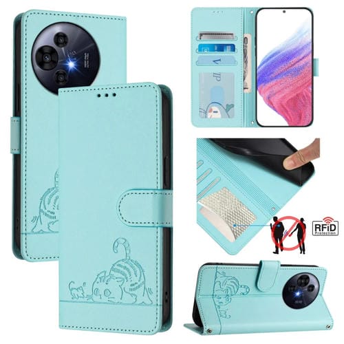 Funda de Cuero Rfid para TCL 50 Pro Nxtpaper con Estampado en Relieve de Gato y Rata y Cordón (Verde Menta)