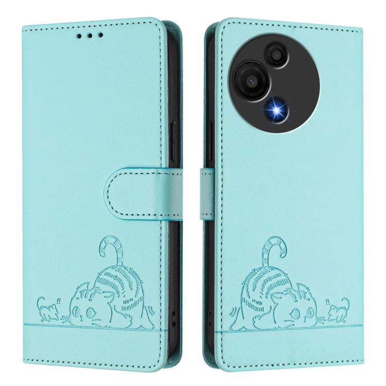 Funda de cuero RFID con estampado de gato y rata para TCL 60 SE NxtPaper/605 con cordón (verde menta)
