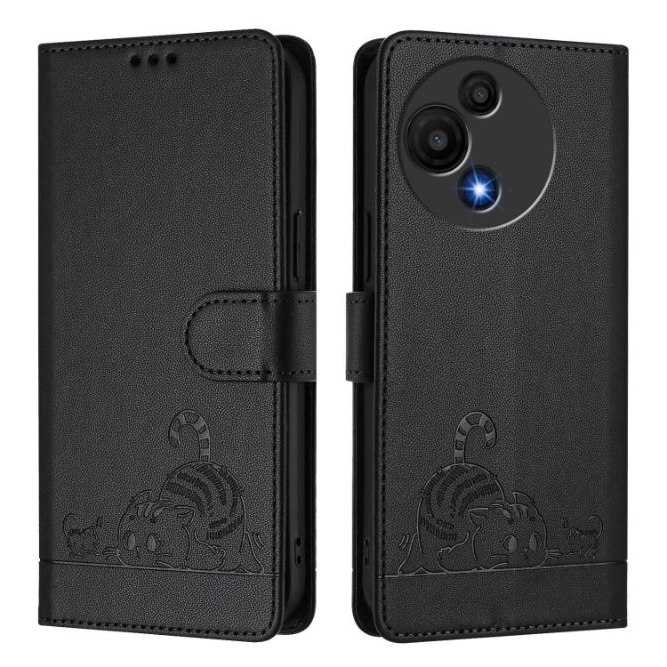 Funda de cuero RFID con estampado de gato y rata para TCL 60 SE NxtPaper/605 con cordón (negra)