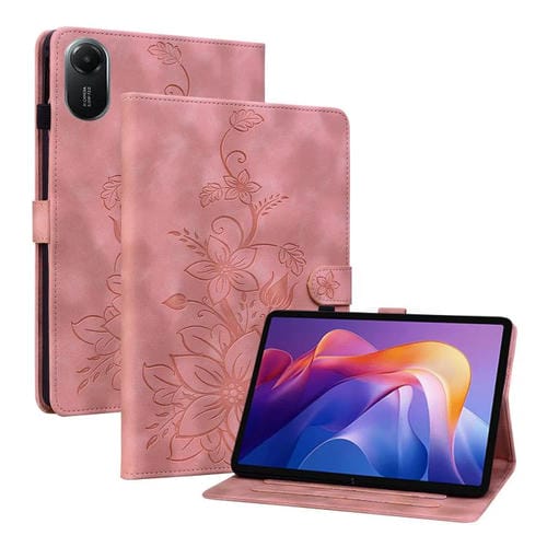 Funda de piel con relieve de lirio para Redmi Pad 2 / Redmi Pad SE 11 2025 (rosa)