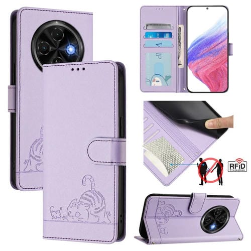 Funda de Cuero Rfid para Tecno Spark 30C con Estampado de Rata y Gato En Relieve y Cordón (Morado)