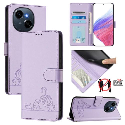 Funda de Cuero Rfid para Tecno Spark Go 1 con Cordón con Patrón en Relieve Gato y Rata (Morado)