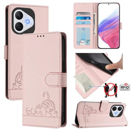 Funda de Cuero RFID para Honor 400 Lite con Estampado Gato y Rata y Cordón (Rosa)