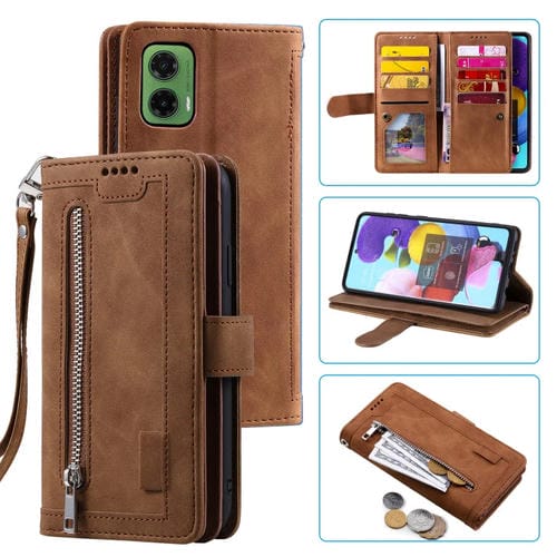 Funda de Cuero con Cremallera y Cordón para Motorola Moto G35 Nine Card (Marrón)