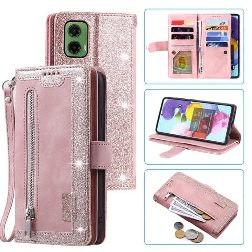 Funda de Cuero con Cremallera y Cordón para Motorola Moto G35 Nine Card (Rosa)