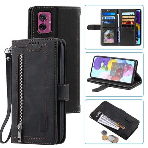 Funda de Cuero con Cremallera y Cordón para Motorola Moto G55 Nine Card (Negro)