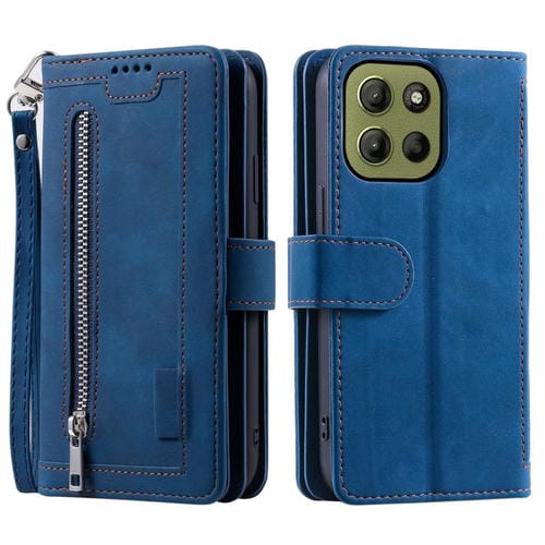 Funda de Cuero con Cremallera y Cordón para Motorola Moto G15 Nine Card (Azul)