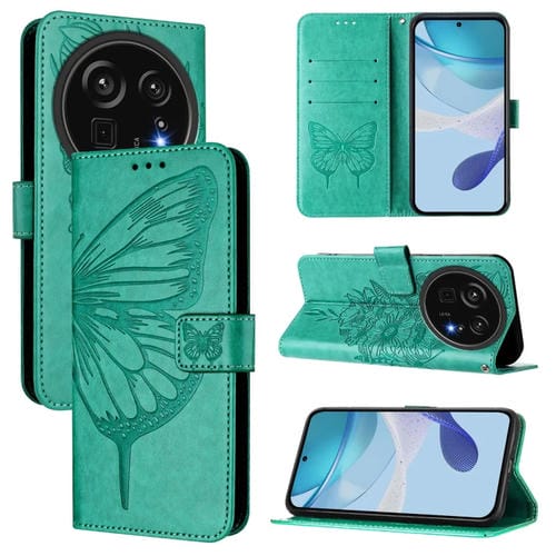 Funda de Cuero para Sharp Aquos R9 Pro/Sh-54E con Diseño de Mariposa en Relieve (Verde)