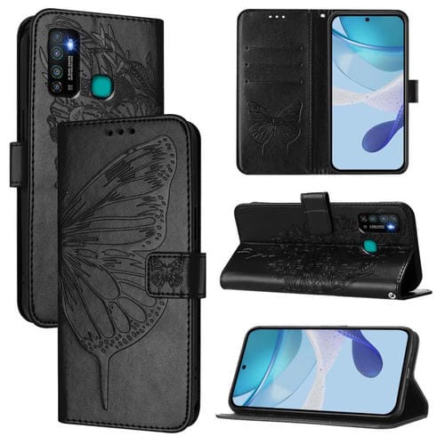 Funda de Piel para Tecno Camon 15 con Diseño de Mariposa en Relieve (Negra)