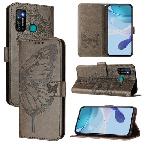 Funda de Piel para Tecno Camon 15 con Diseño de Mariposa en Relieve (Gris)