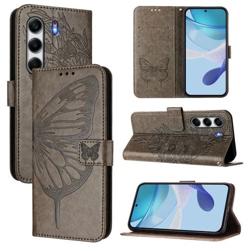 Funda de Piel para Tecno Camon 40 4G con Diseño de Mariposa en Relieve (Gris)