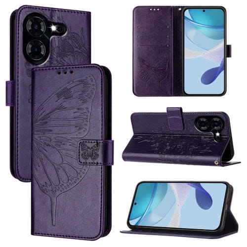 Funda de piel con diseño de mariposa en relieve para Tecno Pova 5 4G (morado oscuro)