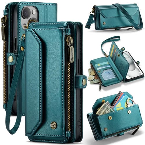 Estuche para Teléfono Caseme C36 para iPhone 15 Cartera con Ranuras y Cremallera Antirrobo Rfid (Azul-Verde) - MOVILSTORE