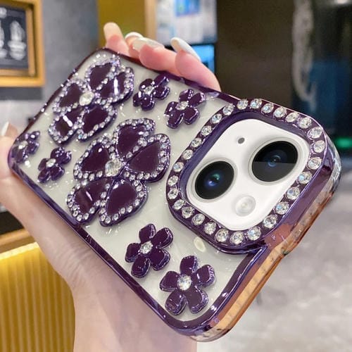 Funda para Teléfono TPU iPhone 15 con Diamantes y Flores Galvanizada (Púrpura) - MOVILSTORE