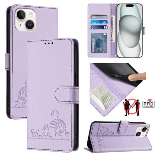 Funda para Teléfono iPhone 15 Cat Rat Patrón en Relieve Rfid PU con Correa para la Muñeca (Púrpura) - MOVILSTORE