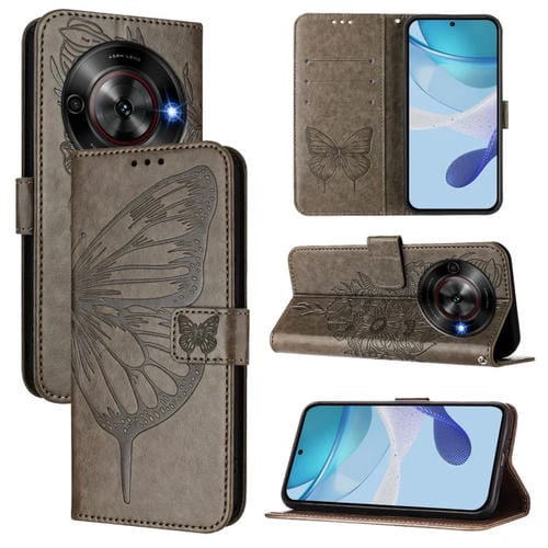 Funda de Cuero para ZTE Blade A75 5G Nubia Focus con Mariposa en Relieve (Gris)