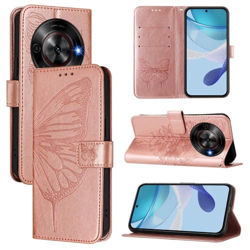 Funda de Cuero para ZTE Blade A75 5G Nubia Focus con Diseño de Mariposa en Relieve (Oro Rosa)