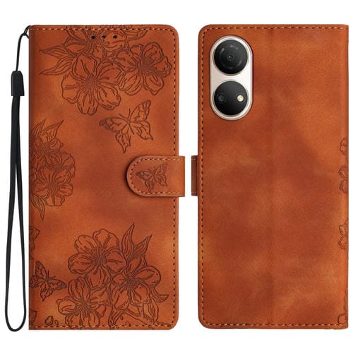 Funda para Teléfono Honor X7 con Relieve Piel Sintética Mariposa y Flores (Marrón)