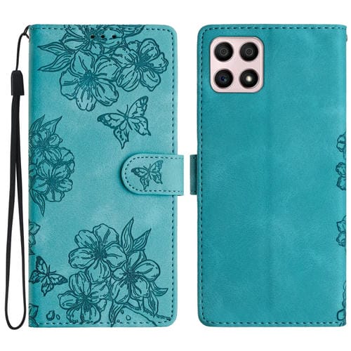 Funda para Honor X8 / X30I Cherry Blossom Butterfly Skin Feel de PU en Relieve (Verde)