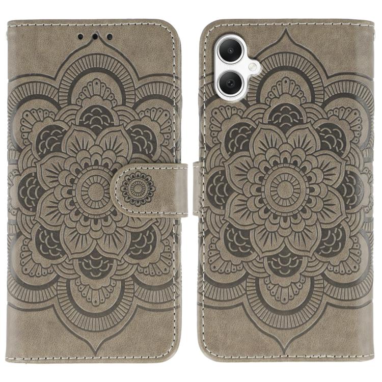 Funda de piel con estampado de mandala y sol para Samsung Galaxy A05 (gris)
