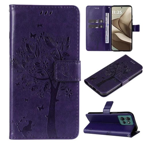 Funda de Cuero con Tapa para Motorola Edge 50 5G con Diseño de Árbol y Gato (Morado)