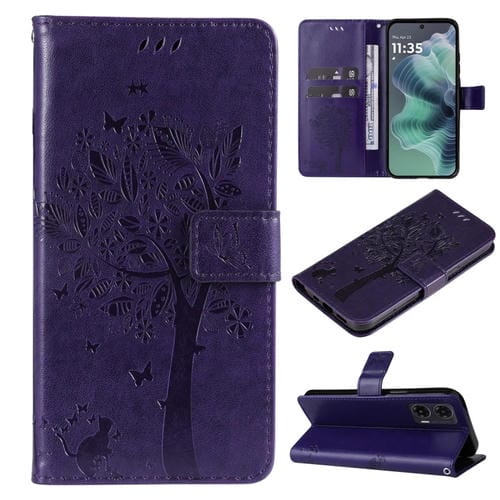 Funda de Cuero con Tapa para Motorola Moto G35 con Diseño de Árbol y Gato En Relieve (Morado)