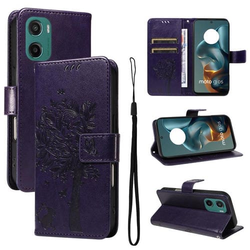 Funda de Cuero con Tapa para Motorola Moto G05 con Diseño Árbol y Gato en Relieve (Morado)