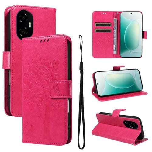 Funda de Cuero con Tapa para Honor 300 con Diseño Árbol y Gato en Relieve (Rosa Rojo)