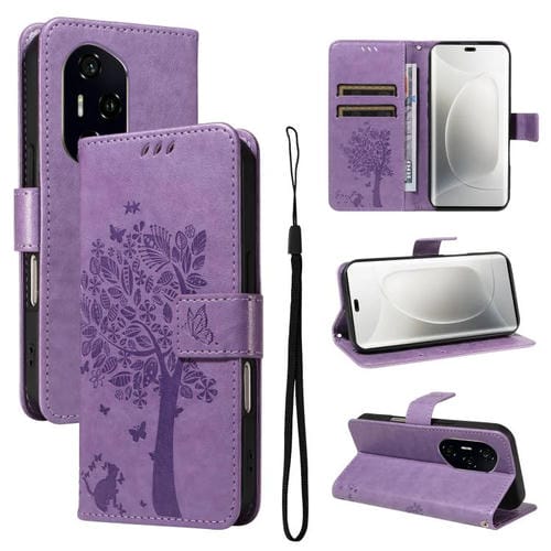 Funda de Cuero con Tapa para Honor 300 Pro/300 Ultra Diseño Árbol y Gato (Morado Claro)