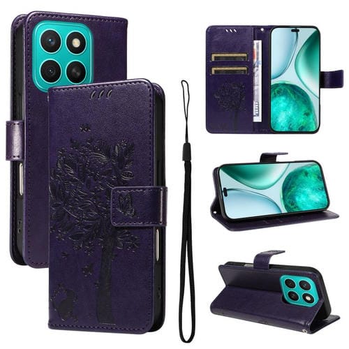 Funda de Cuero con Tapa para Honor X8C 4G Global con Estampado Árbol y Gato (Morado)