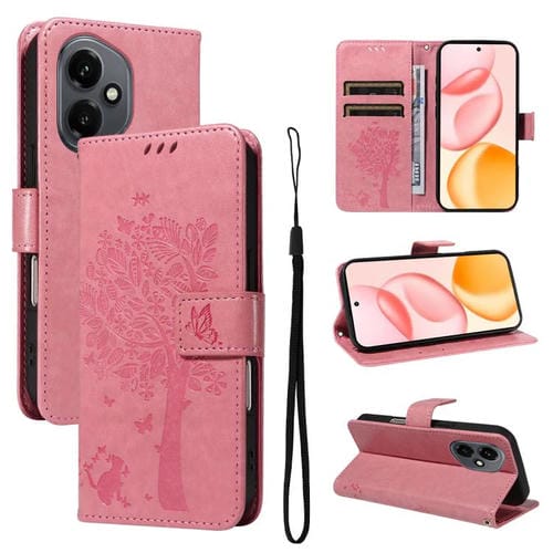 Funda de cuero con tapa para teléfono Honor 400 Global de 156,5 mm con diseño de árbol y gato en relieve (rosa)