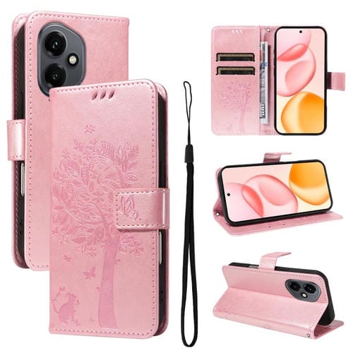 Funda de cuero con tapa para Honor 400 Global (156,5 mm), diseño de árbol y gato en relieve (oro rosa)