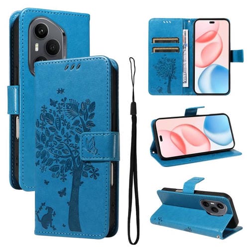Funda de cuero con tapa para Honor 400 Pro Global (160,8 mm), diseño de árbol y gato (azul)