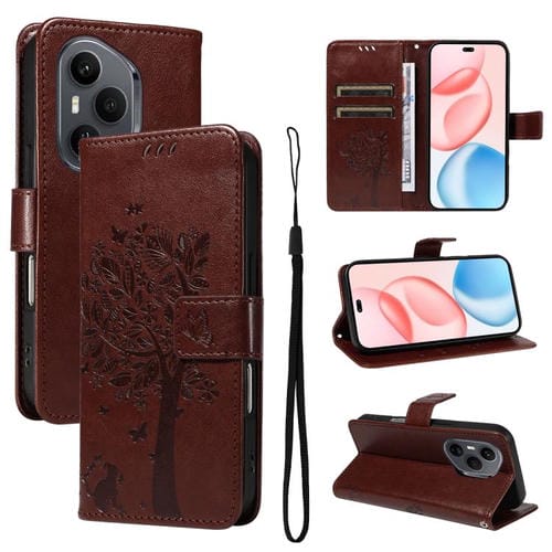 Funda de cuero con tapa para Honor 400 Pro Global (160,8 mm), diseño de árbol y gato en relieve (café)