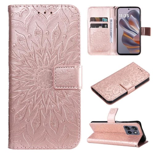 Funda de Cuero con Tapa y Diseño Girasol en Relieve para Motorola Edge 50 Neo (Oro Rosa)