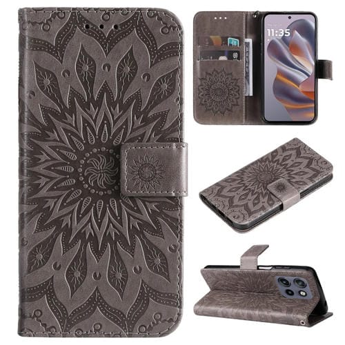 Funda de Cuero con Tapa y Estampado de Girasoles en Relieve para Motorola Edge 50 Neo (Gris)