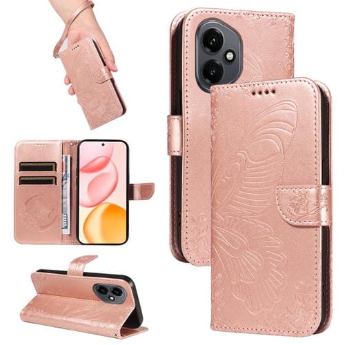 Funda de cuero con relieve de mariposa para Honor 400 Global (156,5 mm) (oro rosa)