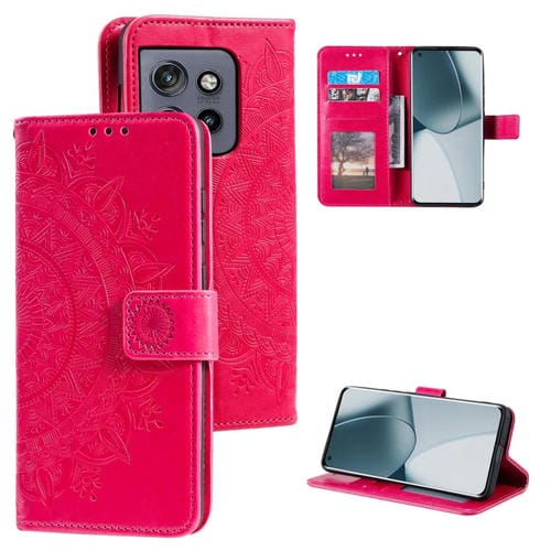 Funda de Cuero con Relieve Flor de Tótem para Motorola Edge 50 Neo con Cordón (Rojo)