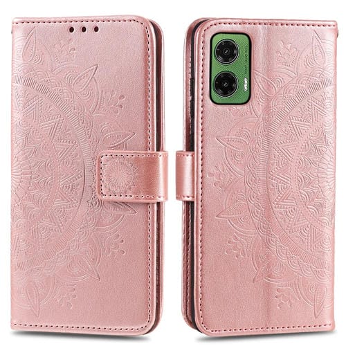 Funda de Cuero con Relieve de Flores y Tótem para Motorola Moto G35 con Cordón (Oro Rosa)