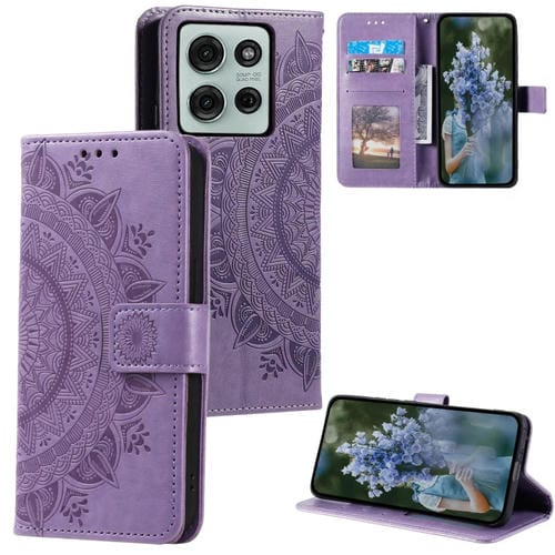 Funda de Cuero con Relieve de Flores para Motorola Moto G75 5G con Cordón (Morado)